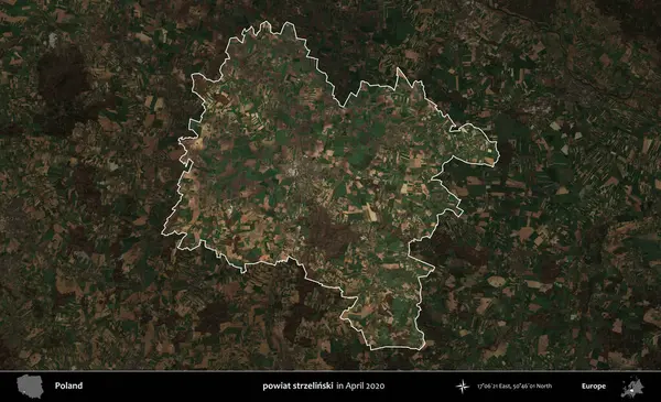 powiat strzelinski. Polonya 'nın idari alanı, Nisan 2020' de çekilen Kopernik Nöbetçi karolarından oluşan koyu renkli bir uydu görüntüsü üzerine vurgulandı ve özetlendi