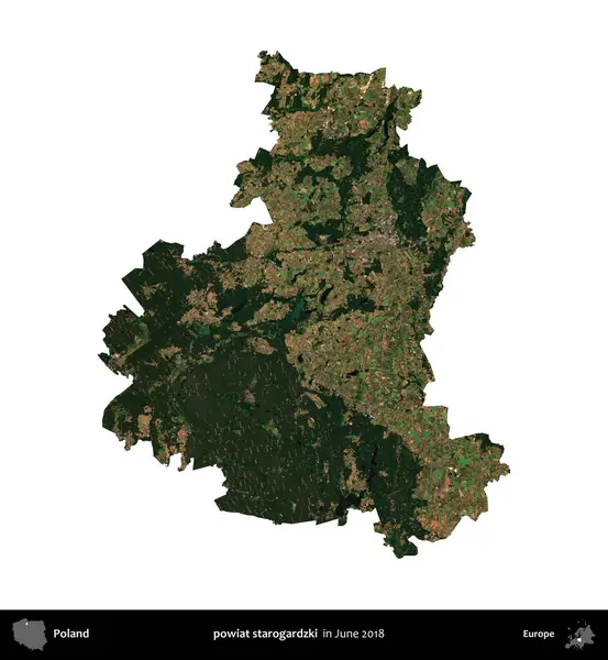 powiat starogardzki. Polonya idari bölgesi, Haziran 2018 'de çekilen Kopernik Nöbetçi karolarından oluşan bir uydu görüntüsü üzerinde beyaza izole edildi.