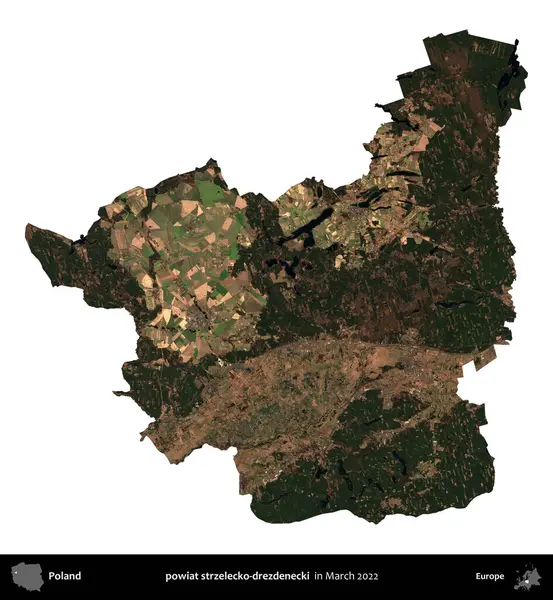 powiat strzelecko-drezdenecki. Polonya idari bölgesi, Mart 2022 'de çekilen Kopernik Nöbetçi karolarından oluşan bir uydu görüntüsü üzerinde beyaza izole edildi.