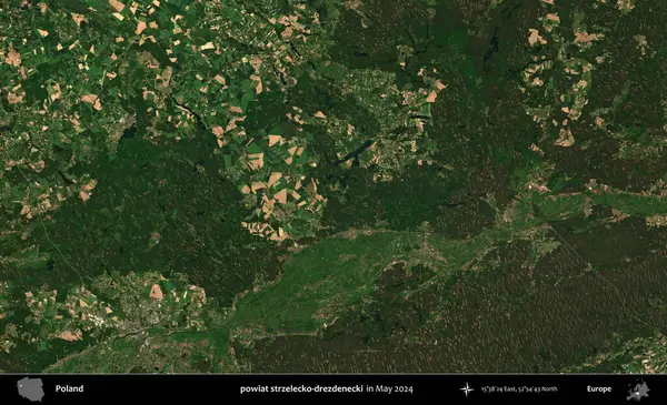powiat strzelecko-drezdenecki. Mayıs 2024 'te Copernicus Sentinel karolarından oluşan uydu görüntüsü üzerine Polonya' nın idari bölgesi