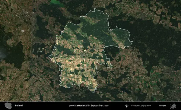 powiat strzelecki. Polonya 'nın idari alanı, Eylül 2020' de çekilen Kopernik Nöbetçi karolarından oluşan koyu renkli bir uydu görüntüsü üzerine vurgulandı ve özetlendi