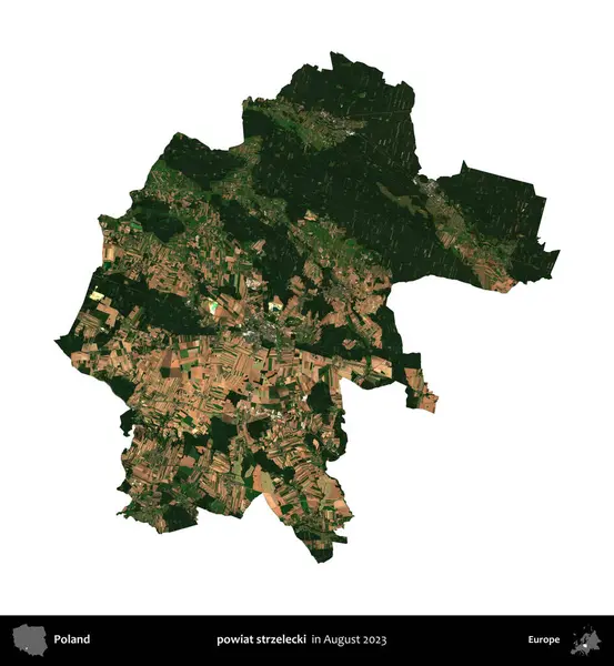 powiat strzelecki. Polonya idari bölgesi, Ağustos 2023 'te çekilen Kopernik Nöbetçi karolarından oluşan bir uydu görüntüsü üzerinde beyaza izole edildi.