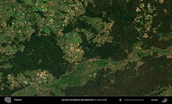 powiat strzelecko-drezdenecki. Copernicus Sentinel 'in Haziran 2018' de çekilmiş uydu görüntüsü üzerine Polonya 'nın idari bölgesi