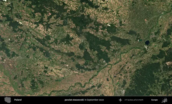 powiat staszowski. Eylül 2020 'de Copernicus Sentinel karolarından oluşan bir uydu görüntüsü üzerine Polonya' nın idari bölgesi