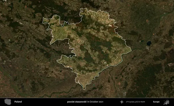 powiat staszowski. Polonya 'nın idari alanı, Ekim 2021' de çekilen Kopernik Nöbetçi karolarından oluşan koyu renkli bir uydu görüntüsü üzerine vurgulandı ve özetlendi