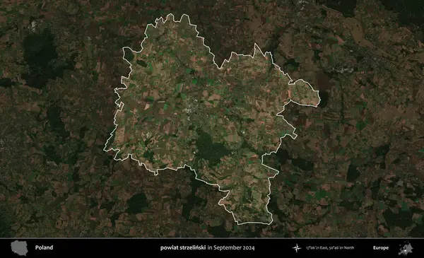 powiat strzelinski. Polonya 'nın idari alanı, Eylül 2024' te çekilen Kopernik Nöbetçi karolarından oluşan koyu renkli bir uydu görüntüsü üzerine vurgulandı ve özetlendi