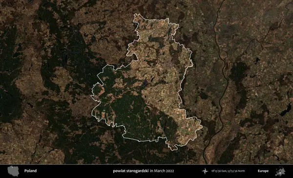 powiat starogardzki. Polonya 'nın idari alanı, Mart 2022' de çekilen Kopernik Nöbetçi karolarından oluşan koyu renkli bir uydu görüntüsü üzerine vurgulandı ve özetlendi.