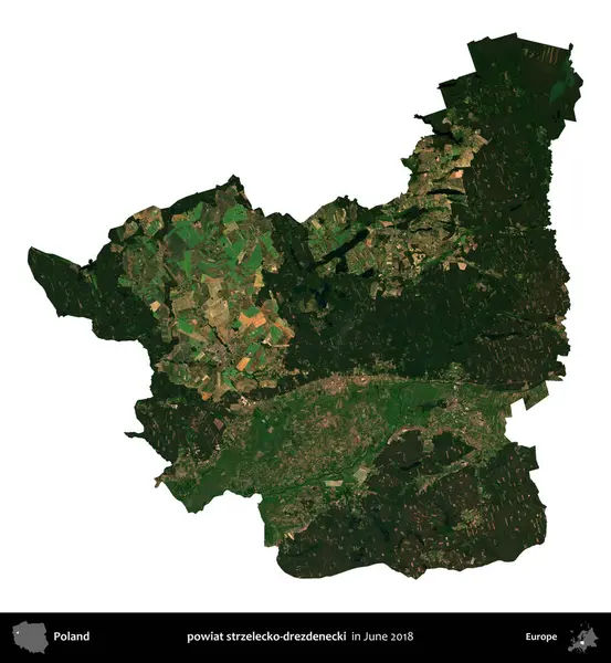 powiat strzelecko-drezdenecki. Polonya idari bölgesi, Haziran 2018 'de çekilen Kopernik Nöbetçi karolarından oluşan bir uydu görüntüsü üzerinde beyaza izole edildi.