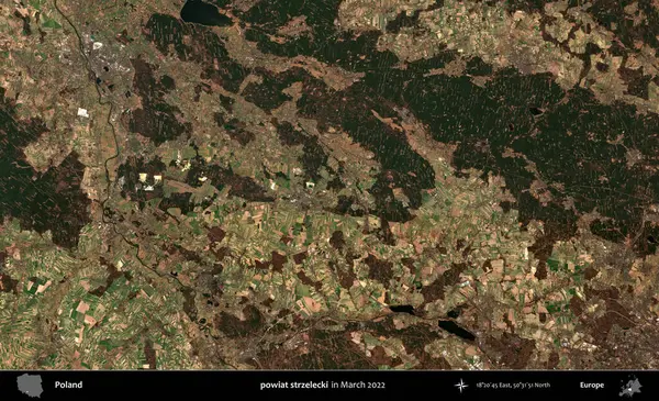 powiat strzelecki. Copernicus Sentinel 'in Mart 2022' de çekilmiş uydu görüntüsü üzerine Polonya 'nın idari bölgesi.