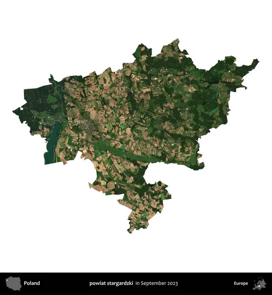 powiat stargardzki. Polonya idari bölgesi, Eylül 2023 'te çekilen Kopernik Nöbetçi karolarından oluşan bir uydu görüntüsü üzerinde beyaza izole edildi.