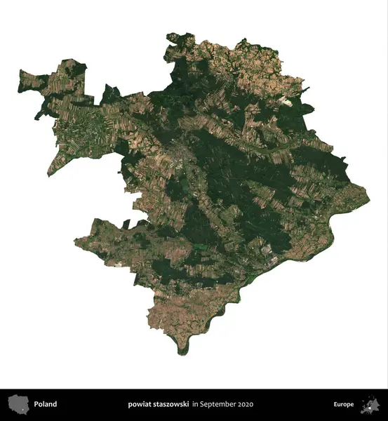 powiat staszowski. Polonya idari bölgesi, Eylül 2020 'de çekilen Kopernik Nöbetçi karolarından oluşan bir uydu görüntüsü üzerinde beyaza izole edildi.