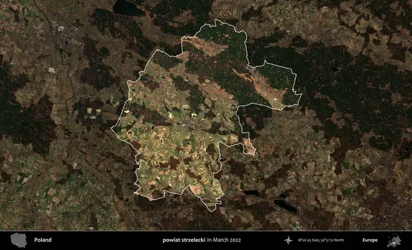 powiat strzelecki. Polonya 'nın idari alanı, Mart 2022' de çekilen Kopernik Nöbetçi karolarından oluşan koyu renkli bir uydu görüntüsü üzerine vurgulandı ve özetlendi.