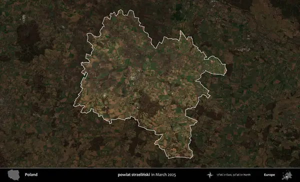 powiat strzelinski. Polonya 'nın idari alanı, Mart 2025' te çekilen Kopernik Nöbetçi karolarından oluşan koyu renkli bir uydu görüntüsü üzerine vurgulandı ve özetlendi