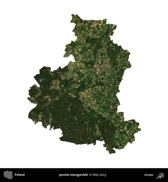 powiat starogardzki. Polonya 'nın idari bölgesi, Mayıs 2023' te çekilen Kopernik Nöbetçi Fayanslarından oluşan bir uydu görüntüsüyle beyaza izole edildi.