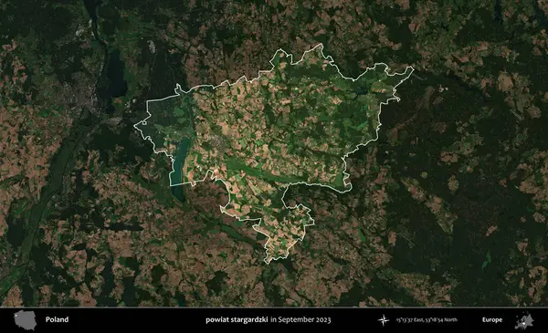 powiat stargardzki. Polonya 'nın idari alanı, Eylül 2023' te çekilen Kopernik Nöbetçi karolarından oluşan koyu renkli bir uydu görüntüsü üzerine vurgulandı ve özetlendi.