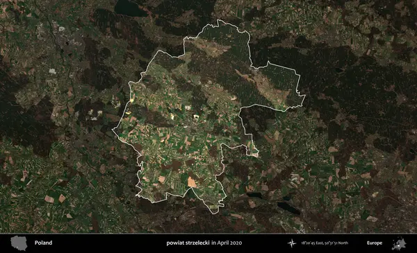 powiat strzelecki. Polonya 'nın idari alanı, Nisan 2020' de çekilen Kopernik Nöbetçi karolarından oluşan koyu renkli bir uydu görüntüsü üzerine vurgulandı ve özetlendi