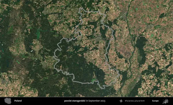 powiat starogardzki. Eylül 2023 'te çekilen Copernicus Sentinel karolarından oluşan bir uydu görüntüsü üzerine Polonya' nın idari bölgesinin ana hatlarını belirledik.