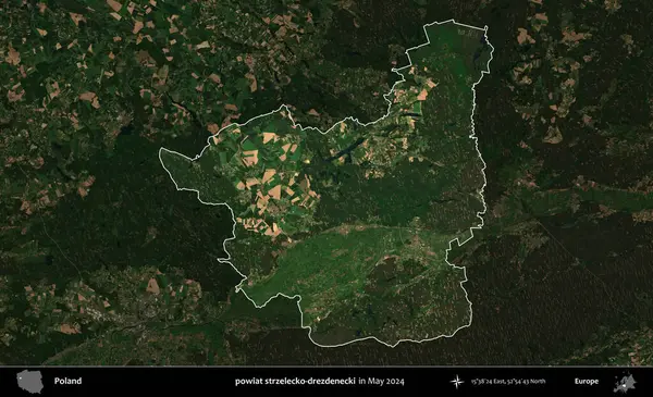 powiat strzelecko-drezdenecki. Polonya 'nın idari alanı, Mayıs 2024' te çekilen Kopernik Nöbetçi karolarından oluşan koyu renkli bir uydu görüntüsü üzerinde vurgulandı ve özetlendi.