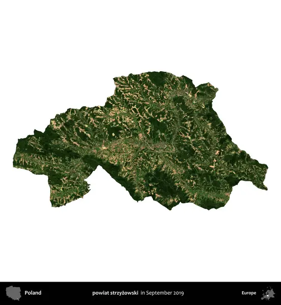 powiat strzyzowski. Polonya idari bölgesi, Eylül 2019 'da çekilen Kopernik Nöbetçi karolarından oluşan bir uydu görüntüsü üzerinde beyaza izole edildi.