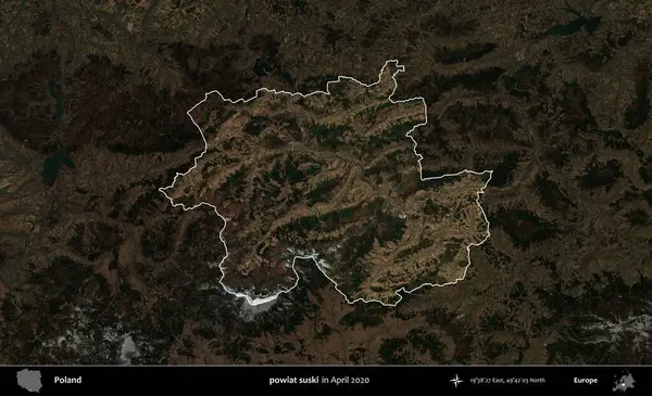 powiat suski. Polonya 'nın idari alanı, Nisan 2020' de çekilen Kopernik Nöbetçi karolarından oluşan koyu renkli bir uydu görüntüsü üzerine vurgulandı ve özetlendi