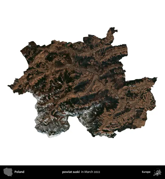 powiat suski. Polonya idari bölgesi, Mart 2022 'de çekilen Kopernik Nöbetçi karolarından oluşan bir uydu görüntüsü üzerinde beyaza izole edildi.