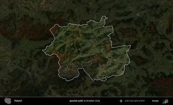 powiat suski. Polonya 'nın idari alanı, Ekim 2019' da çekilen Kopernik Nöbetçi karolarından oluşan koyu renkli bir uydu görüntüsü üzerine vurgulandı ve özetlendi.
