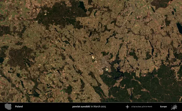 powiat suwalski. Copernicus Sentinel 'in Mart 2025' te çekilmiş uydu görüntüsü üzerine Polonya 'nın idari bölgesi