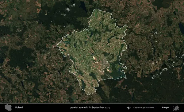 powiat suwalski. Polonya 'nın idari alanı, Eylül 2024' te çekilen Kopernik Nöbetçi karolarından oluşan koyu renkli bir uydu görüntüsü üzerine vurgulandı ve özetlendi