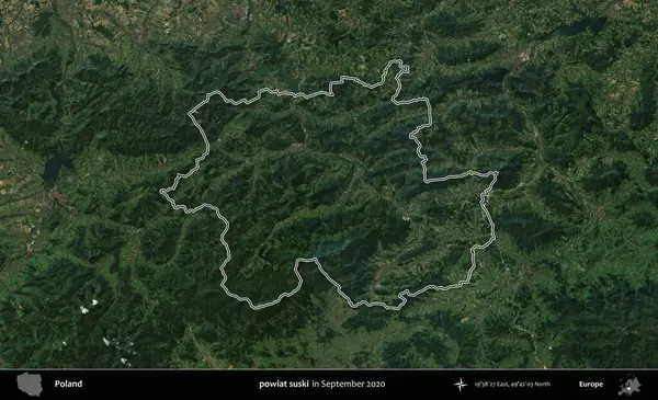 powiat suski. Eylül 2020 'de çekilen Kopernik Nöbetçi karolarından oluşan bir uydu görüntüsü üzerine Polonya' nın idari bölgesinin ana hatlarını çizdim.