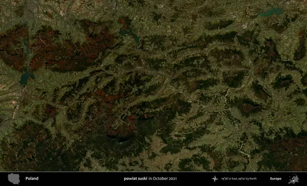 powiat suski. Polonya 'nın idari bölgesi, Ekim 2021' de çekilen Kopernik Sentinel karolarından oluşan bir uydu görüntüsü üzerine kurulmuştur.