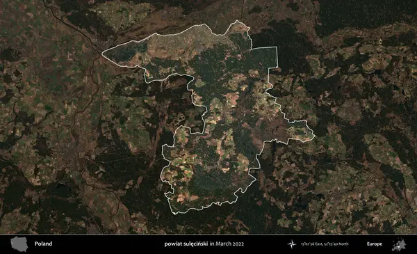 powiat sulecinski. Polonya 'nın idari alanı, Mart 2022' de çekilen Kopernik Nöbetçi karolarından oluşan koyu renkli bir uydu görüntüsü üzerine vurgulandı ve özetlendi.