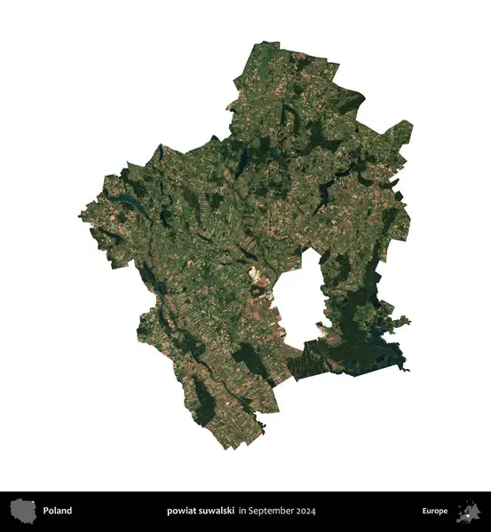 powiat suwalski. Polonya idari bölgesi, Eylül 2024 'te çekilen Kopernik Nöbetçi karolarından oluşan bir uydu görüntüsü üzerinde beyaza izole edildi.