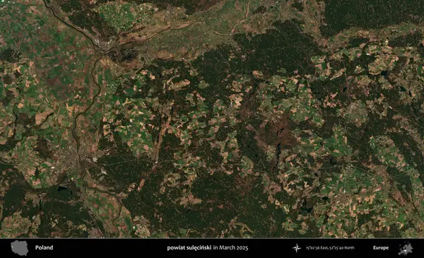 powiat sulecinski. Copernicus Sentinel 'in Mart 2025' te çekilmiş uydu görüntüsü üzerine Polonya 'nın idari bölgesi