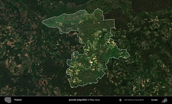 powiat sulecinski. Polonya 'nın idari alanı, Mayıs 2023' te çekilen Kopernik Nöbetçi karolarından oluşan koyu renkli bir uydu görüntüsü üzerinde vurgulandı ve özetlendi.