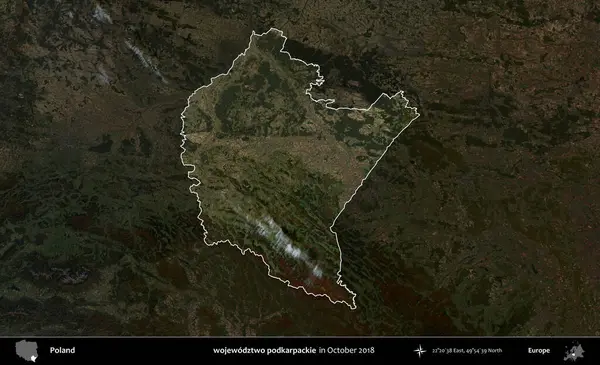 wojewodz2 podkarpackie. Polonya 'nın idari alanı, Ekim 2018' de çekilen Kopernik Nöbetçi karolarından oluşan koyu renkli bir uydu görüntüsü üzerine vurgulandı ve özetlendi