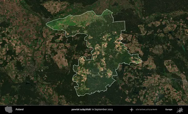 powiat sulecinski. Polonya 'nın idari alanı, Eylül 2023' te çekilen Kopernik Nöbetçi karolarından oluşan koyu renkli bir uydu görüntüsü üzerine vurgulandı ve özetlendi.
