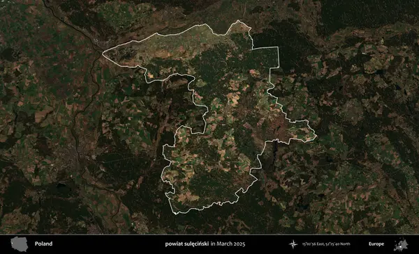 powiat sulecinski. Polonya 'nın idari alanı, Mart 2025' te çekilen Kopernik Nöbetçi karolarından oluşan koyu renkli bir uydu görüntüsü üzerine vurgulandı ve özetlendi