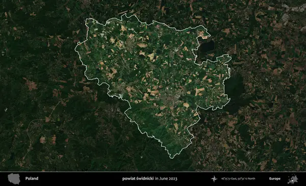 powiat swidnicki. Polonya 'nın idari alanı, Haziran 2023' te çekilen Kopernik Nöbetçi karolarından oluşan koyu renkli bir uydu görüntüsü üzerine vurgulandı ve özetlendi.