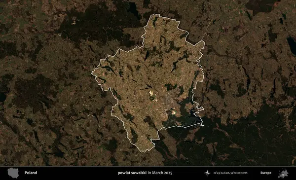 powiat suwalski. Polonya 'nın idari alanı, Mart 2025' te çekilen Kopernik Nöbetçi karolarından oluşan koyu renkli bir uydu görüntüsü üzerine vurgulandı ve özetlendi