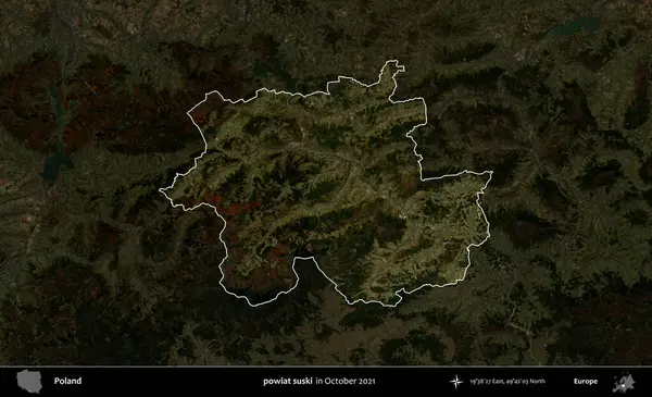powiat suski. Polonya 'nın idari alanı, Ekim 2021' de çekilen Kopernik Nöbetçi karolarından oluşan koyu renkli bir uydu görüntüsü üzerine vurgulandı ve özetlendi