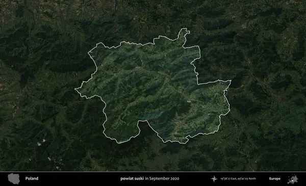 powiat suski. Polonya 'nın idari alanı, Eylül 2020' de çekilen Kopernik Nöbetçi karolarından oluşan koyu renkli bir uydu görüntüsü üzerine vurgulandı ve özetlendi