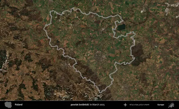 powiat swidnicki. Polonya 'nın idari bölgesinin ana hatları, Mart 2025' te çekilen Kopernik Nöbetçi karolarından oluşan bir uydu görüntüsü üzerine çizildi.