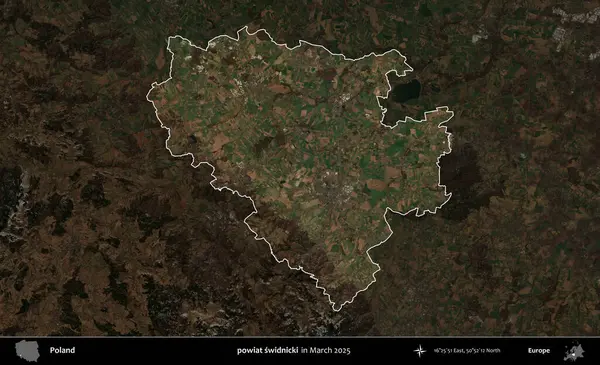 powiat swidnicki. Polonya 'nın idari alanı, Mart 2025' te çekilen Kopernik Nöbetçi karolarından oluşan koyu renkli bir uydu görüntüsü üzerine vurgulandı ve özetlendi