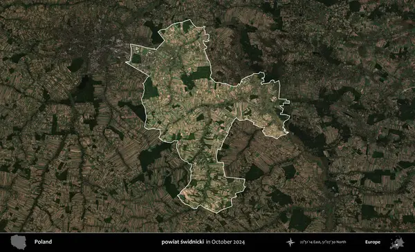 powiat swidnicki. Polonya 'nın idari alanı, Ekim 2024' te çekilen Kopernik Nöbetçi karolarından oluşan koyu renkli bir uydu görüntüsü üzerine vurgulandı ve özetlendi