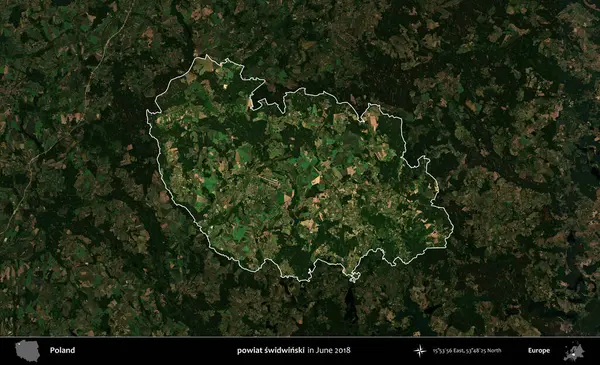 powiat swidwinski. Polonya 'nın idari alanı, Haziran 2018' de çekilen Kopernik Nöbetçi karolarından oluşan koyu renkli bir uydu görüntüsüyle vurgulandı ve özetlendi