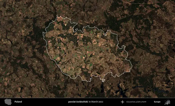 powiat swidwinski. Polonya 'nın idari alanı, Mart 2022' de çekilen Kopernik Nöbetçi karolarından oluşan koyu renkli bir uydu görüntüsü üzerine vurgulandı ve özetlendi.