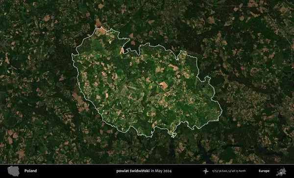 powiat swidwinski. Polonya 'nın idari alanı, Mayıs 2024' te çekilen Kopernik Nöbetçi karolarından oluşan koyu renkli bir uydu görüntüsü üzerinde vurgulandı ve özetlendi.