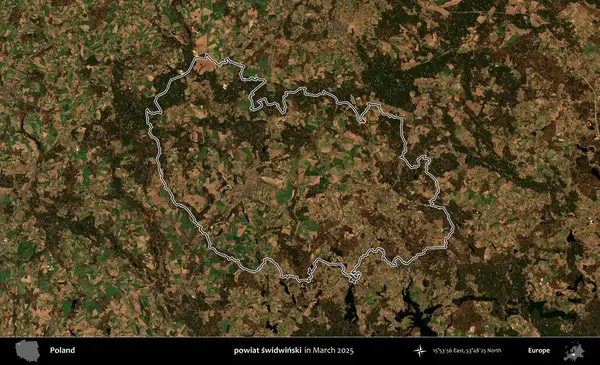 powiat swidwinski. Polonya 'nın idari bölgesinin ana hatları, Mart 2025' te çekilen Kopernik Nöbetçi karolarından oluşan bir uydu görüntüsü üzerine çizildi.
