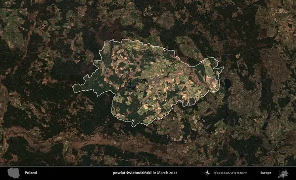 powiat swiebodzinski. Polonya 'nın idari alanı, Mart 2022' de çekilen Kopernik Nöbetçi karolarından oluşan koyu renkli bir uydu görüntüsü üzerine vurgulandı ve özetlendi.