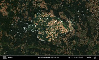 powiat swiebodzinski. Polonya 'nın idari alanı, Ağustos 2024' te çekilen Kopernik Nöbetçi karolarından oluşan koyu renkli bir uydu görüntüsü üzerine vurgulandı ve özetlendi.